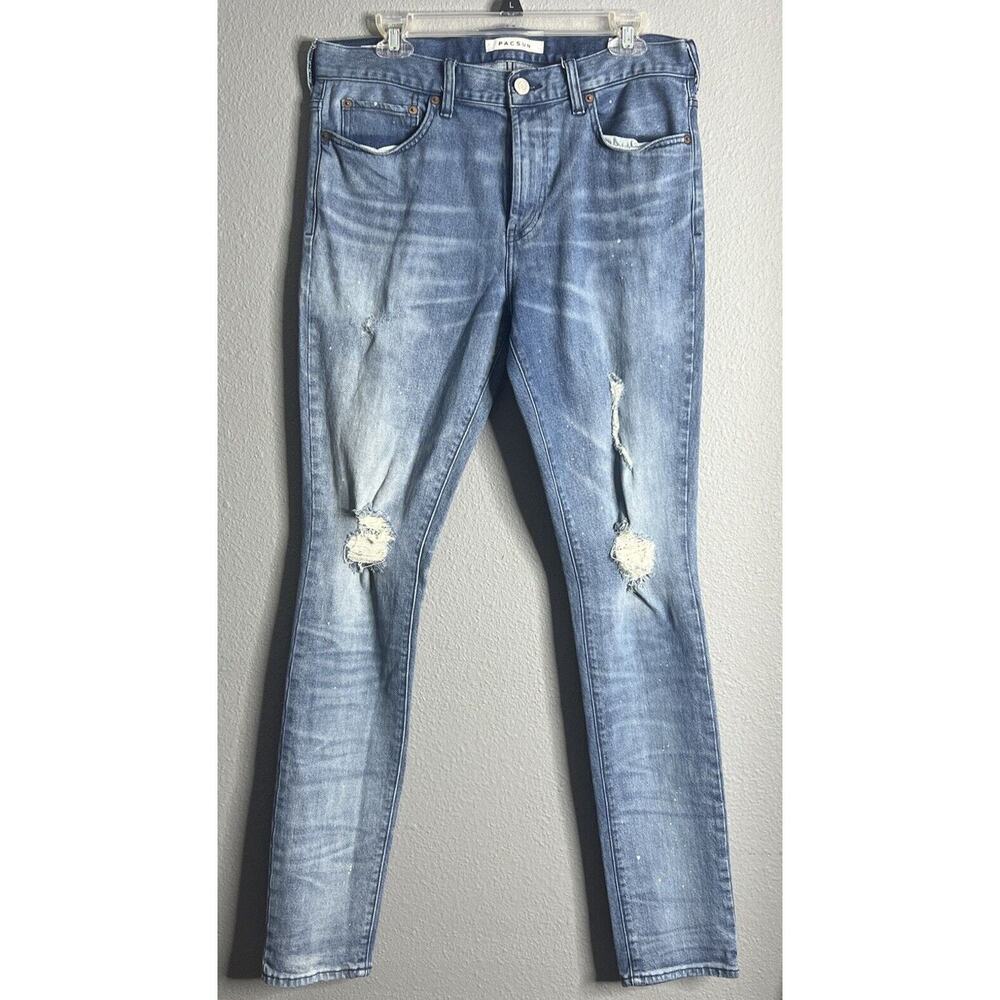 PACSUN Stacked Skinny Blue Jeans Mens Size 32x34 Blue Stretch Distressed Grunge